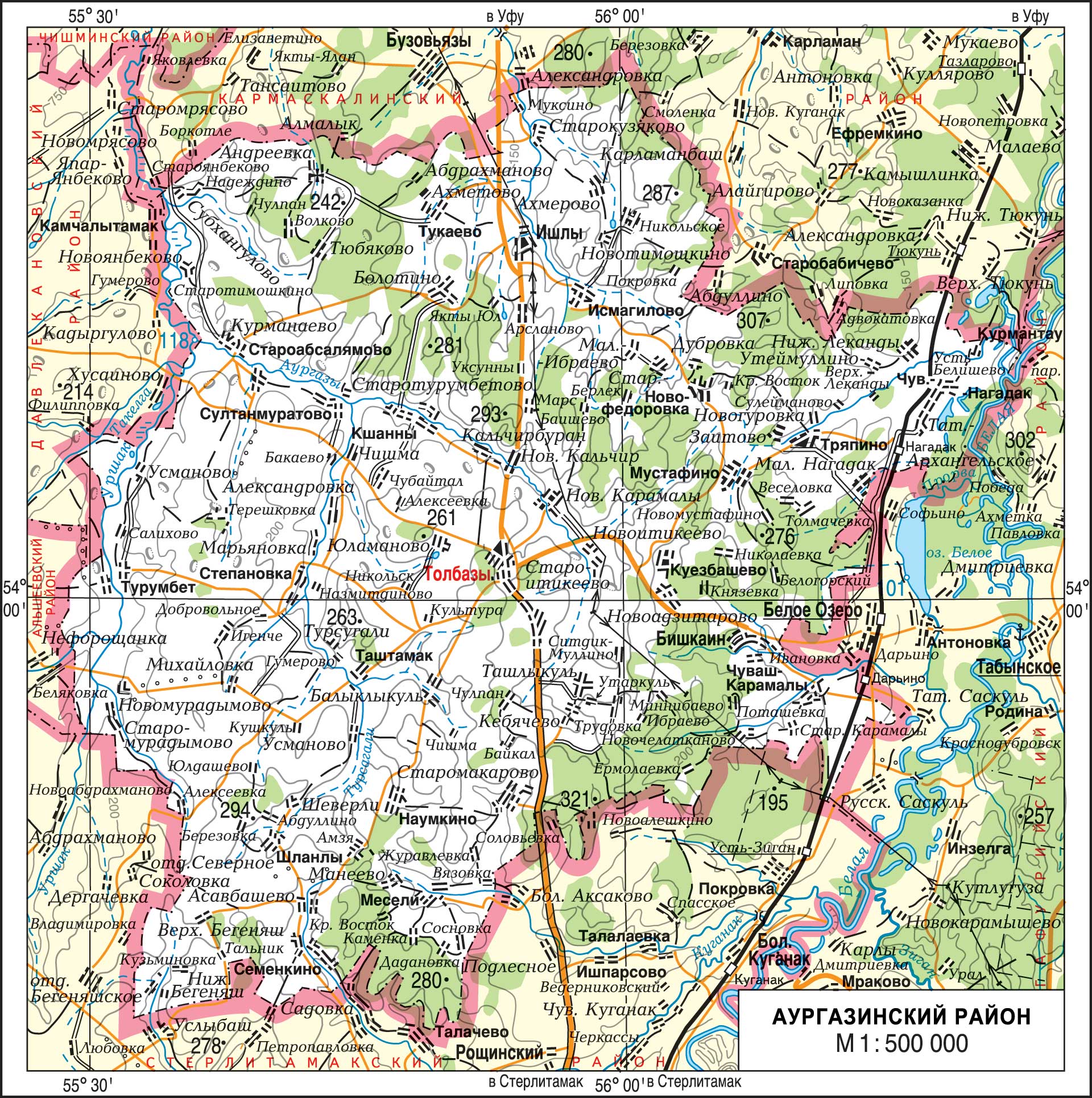 Карта Аургазинского района с деревнями